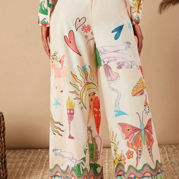 Multicolor Boho Women's Loose Wide Leg Vacation Printed Woven Pants - Picture 3 of 5